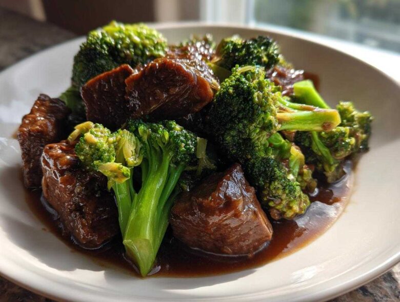 Close-up of tender chunks of beef coated in dark sauce served with bright green broccoli florets in Instant Pot Beef and Broccoli.