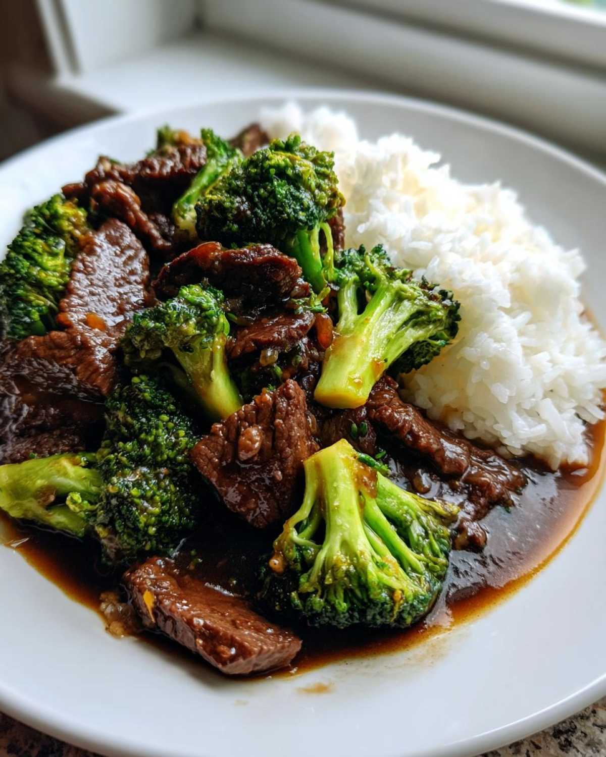 A close-up of Instant Pot Beef and Broccoli served with fluffy white rice on a white plate.
