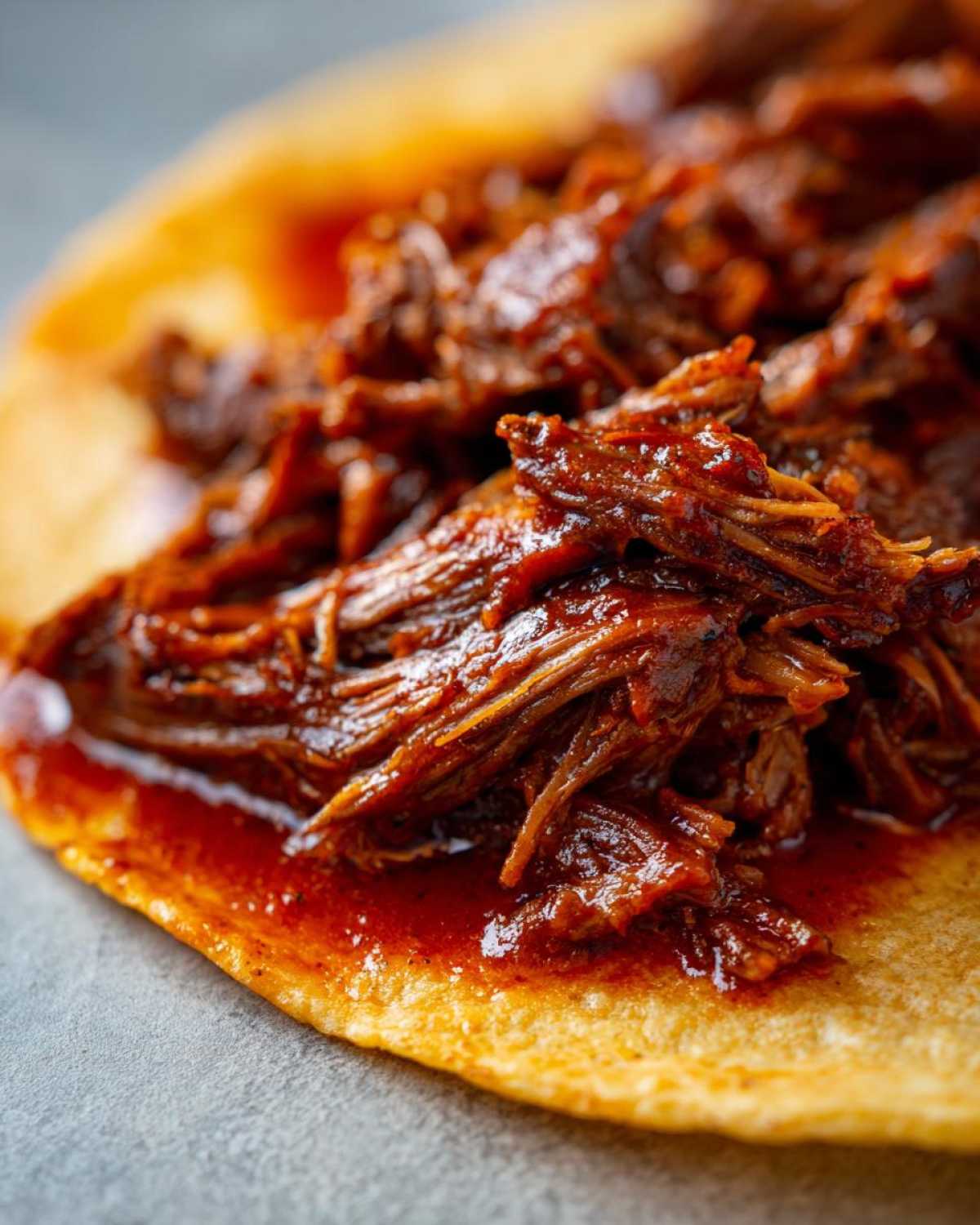 Close-up of rich, shredded Instant Pot Beef Barbacoa piled high on a warm corn tortilla.