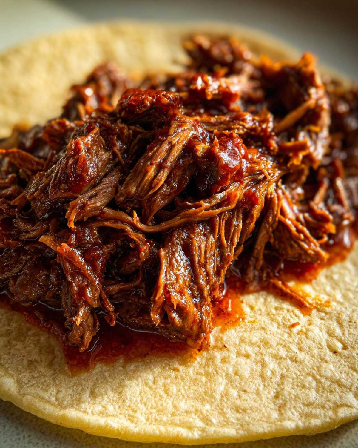 Close-up of shredded, saucy Instant Pot Beef Barbacoa piled high on a warm corn tortilla.