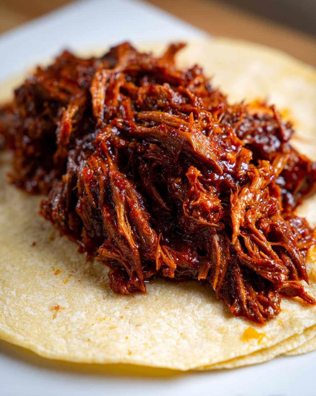 Close-up of rich, shredded Instant Pot Beef Barbacoa piled high on a soft corn tortilla.