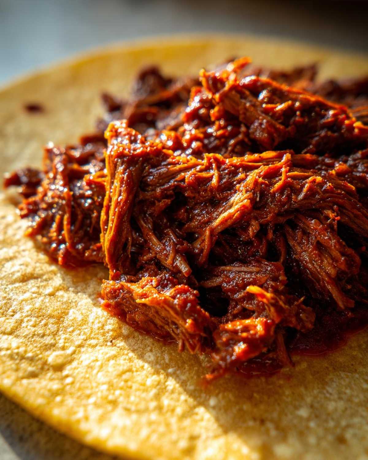 Close-up of rich, shredded Instant Pot Beef Barbacoa piled onto a warm corn tortilla.