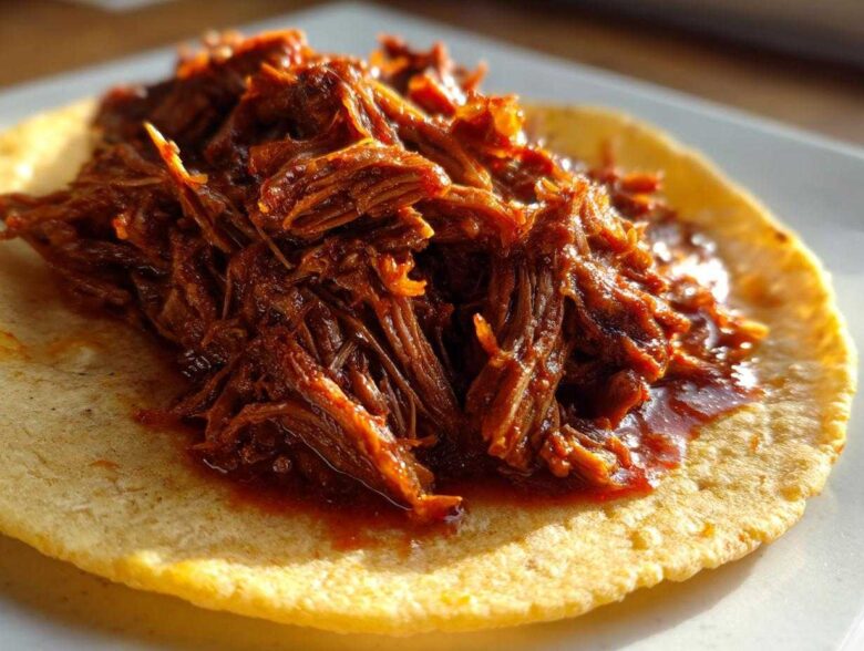 Close-up of shredded, saucy Instant Pot Beef Barbacoa piled high on a warm corn tortilla.
