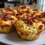 A close-up of several golden-brown Keto Bacon and Egg Muffins topped with crispy bacon bits on a white plate.