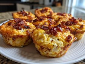 A close-up of several golden-brown Keto Bacon and Egg Muffins topped with crispy bacon bits on a white plate.