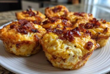 A close-up of several golden-brown Keto Bacon and Egg Muffins topped with crispy bacon bits on a white plate.
