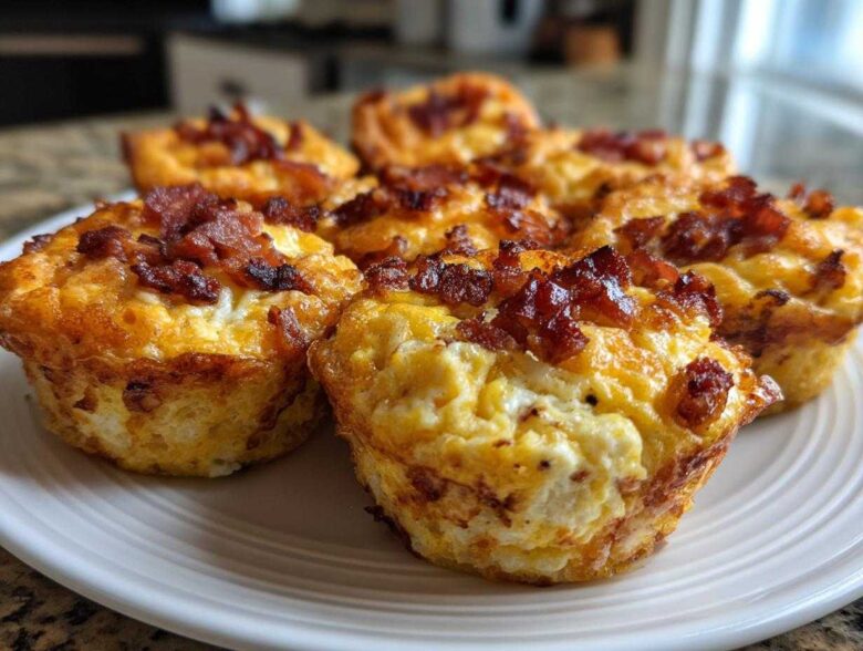 A close-up of several golden-brown Keto Bacon and Egg Muffins topped with crispy bacon bits on a white plate.