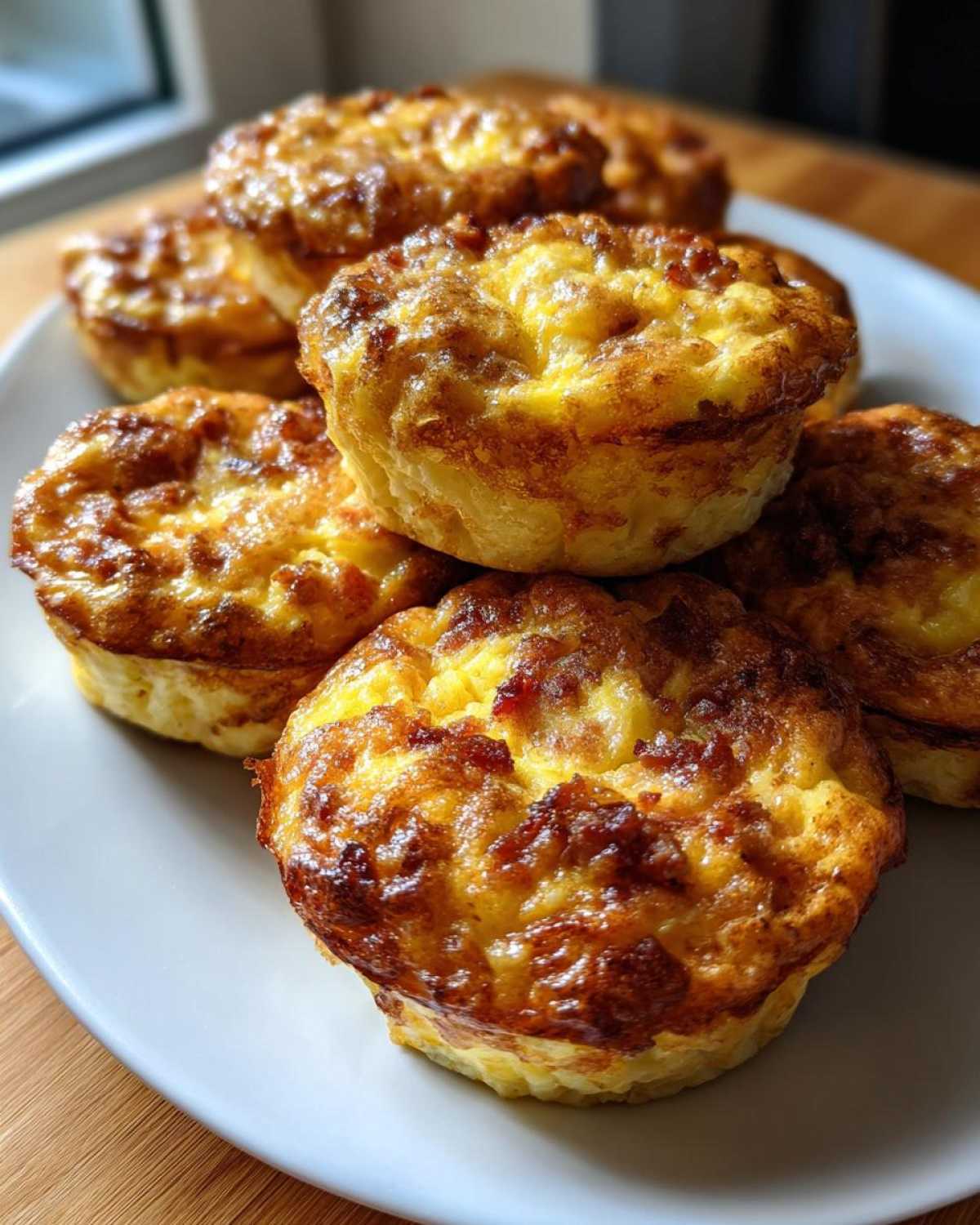 A stack of freshly baked, golden brown Keto Bacon and Egg Muffins piled on a light gray plate.