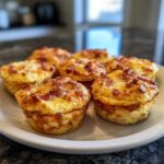 A plate holding several golden brown Keto Bacon and Egg Muffins, topped with crispy bacon bits.