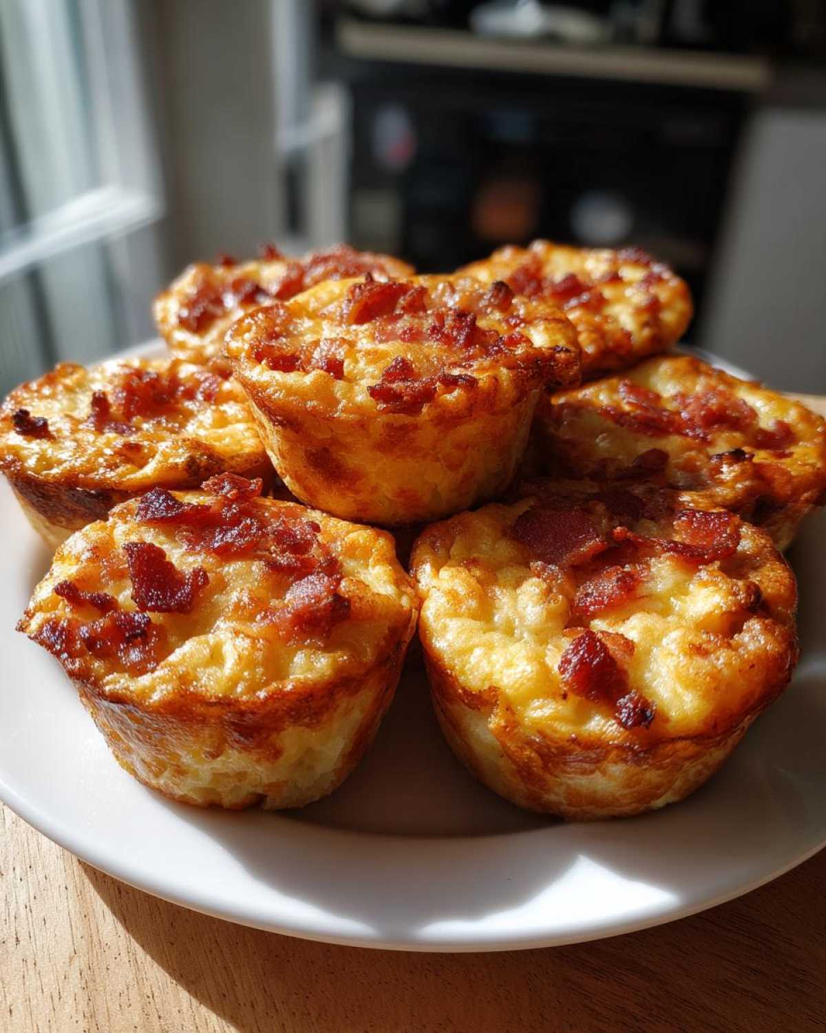 A stack of freshly baked Keto Bacon and Egg Muffins topped with crispy bacon bits on a white plate.
