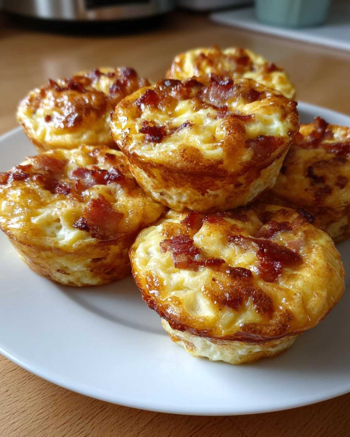A stack of freshly baked Keto Bacon and Egg Muffins with crispy bacon bits on top, served on a white plate.