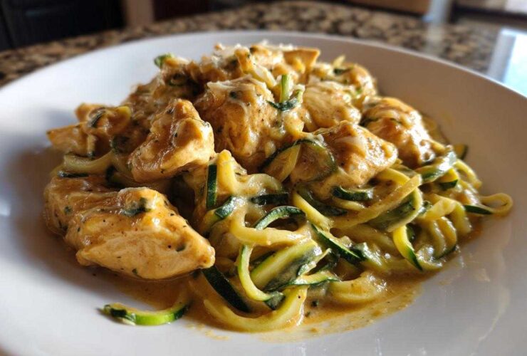Close-up of Keto Chicken Alfredo featuring chunks of seasoned chicken breast over zucchini noodles coated in a creamy sauce.