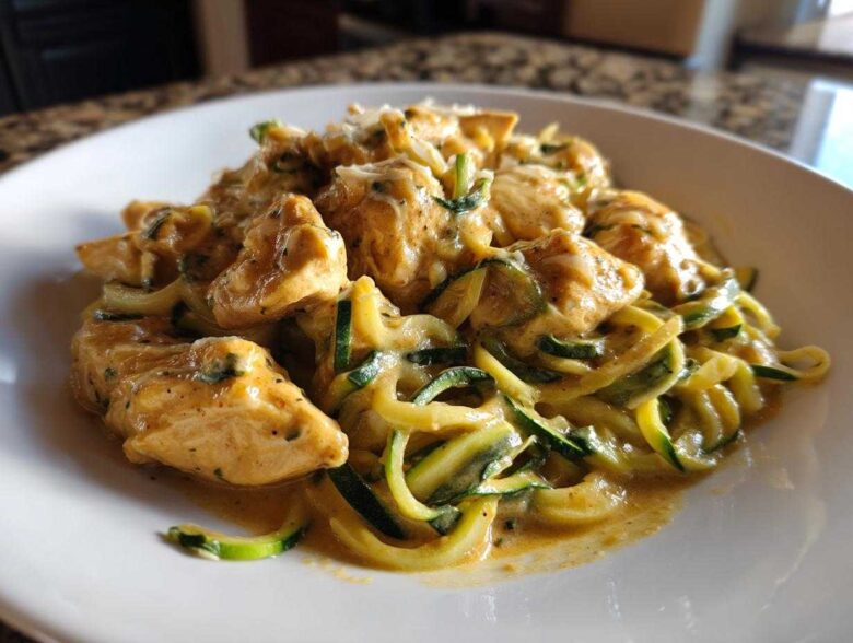 Close-up of Keto Chicken Alfredo featuring chunks of seasoned chicken breast over zucchini noodles coated in a creamy sauce.