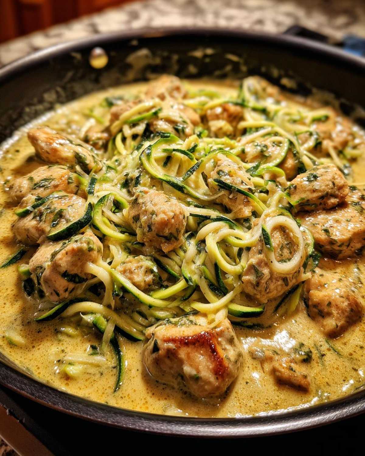 Close-up of pan-cooked chicken pieces and zucchini noodles coated in creamy sauce for Keto Chicken Alfredo.