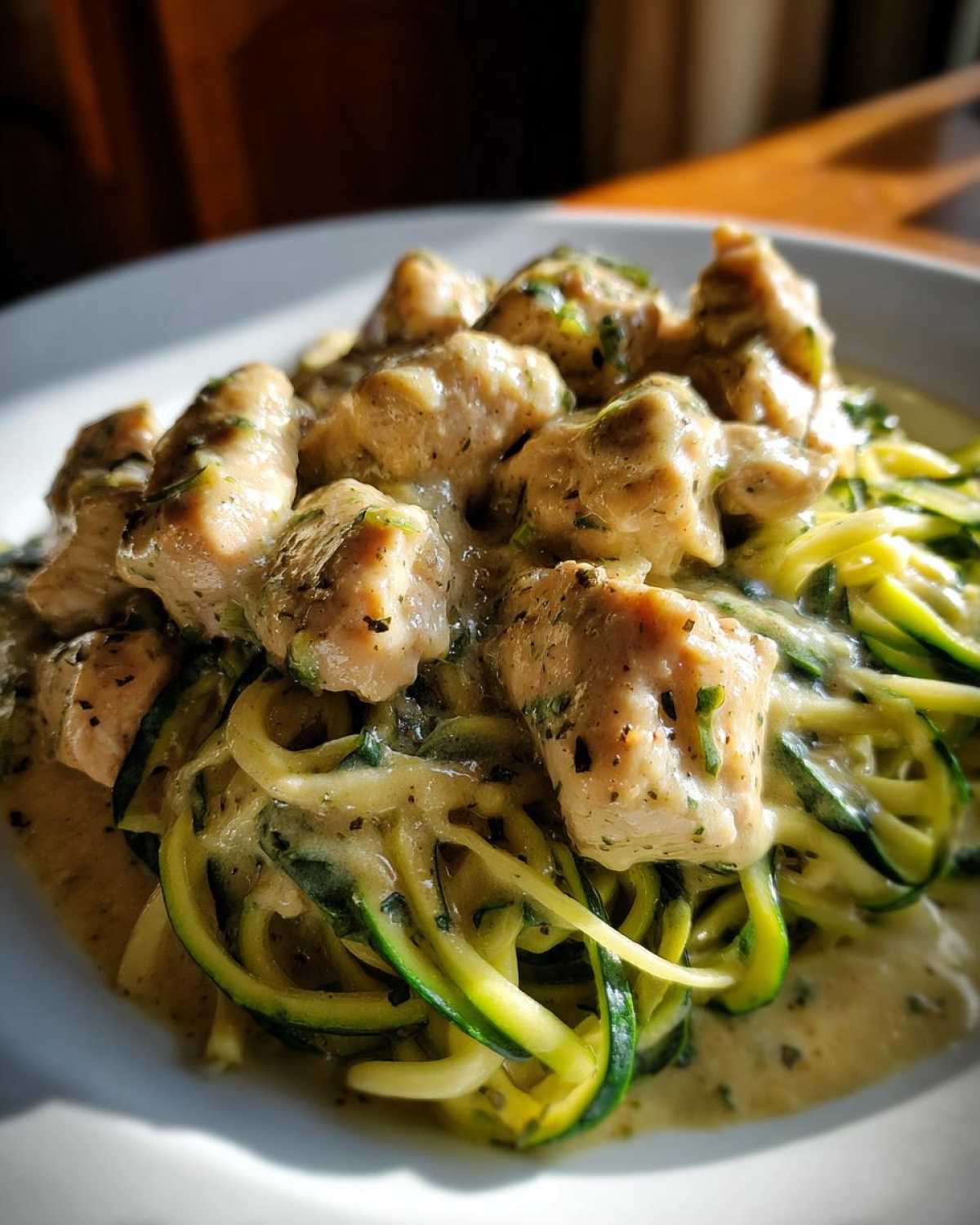 Close-up of Keto Chicken Alfredo featuring tender chicken pieces over zucchini noodles coated in creamy sauce.