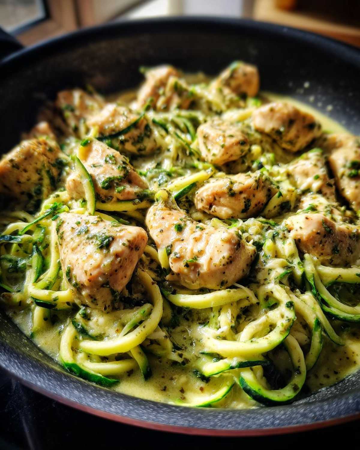 Close-up of Keto Chicken Alfredo featuring chicken pieces over zucchini noodles in a creamy sauce.