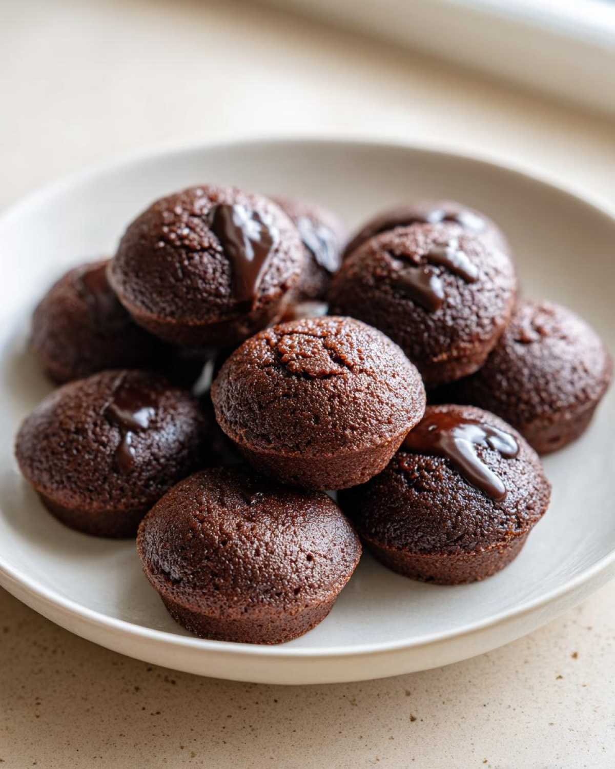 A pile of rich, dark chocolate Keto Chocolate Peanut Butter Fat Bombs drizzled with extra chocolate sauce on a light plate.