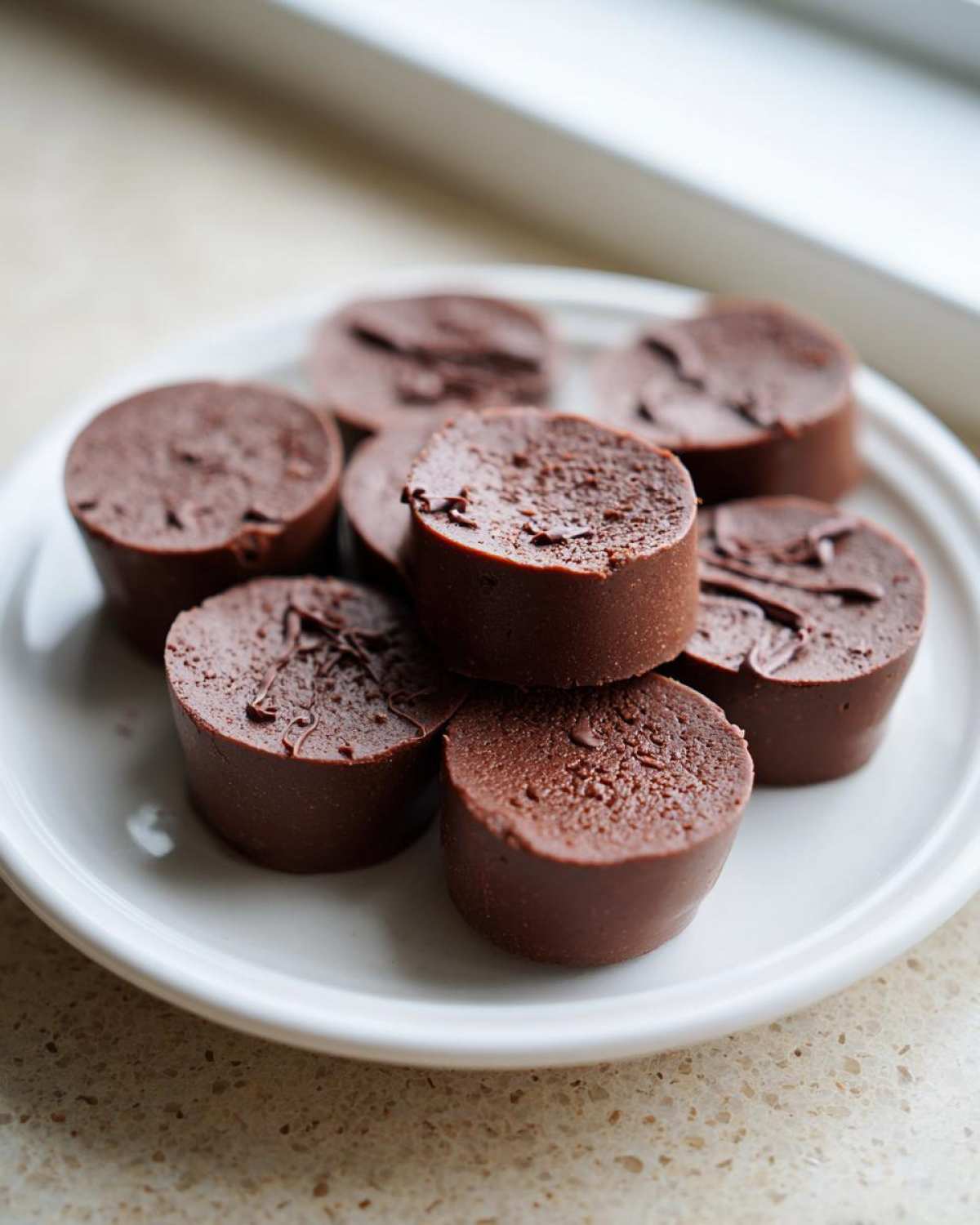 A small pile of rich, dark chocolate Keto Chocolate Peanut Butter Fat Bombs resting on a white plate.