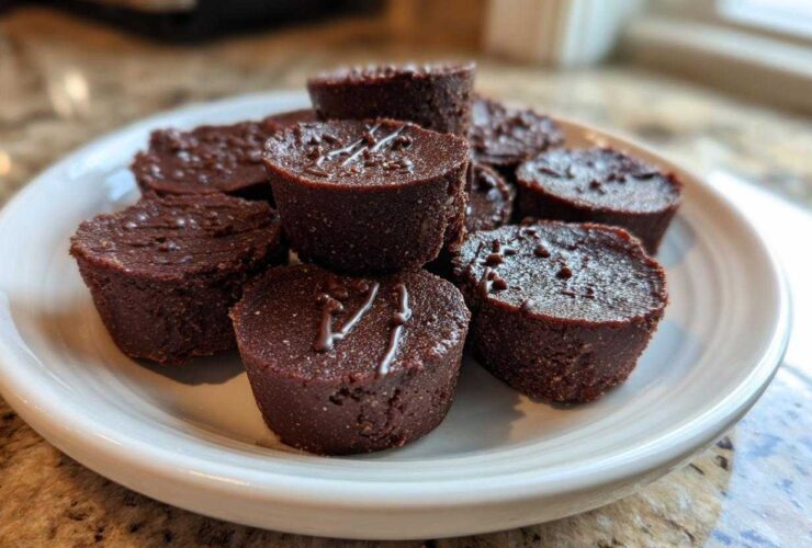A close-up of several rich, dark chocolate Keto Chocolate Peanut Butter Fat Bombs arranged on a white plate.