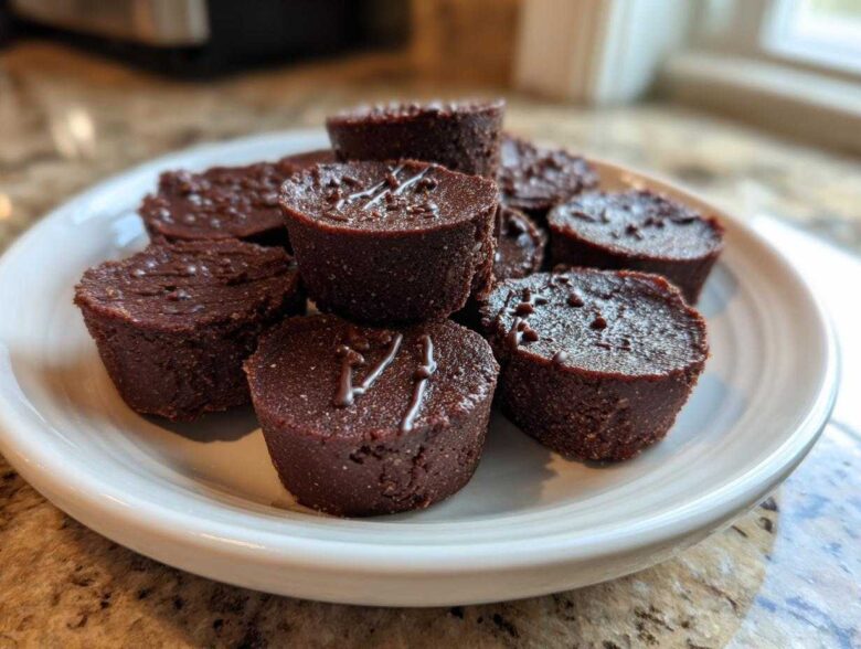 A close-up of several rich, dark chocolate Keto Chocolate Peanut Butter Fat Bombs arranged on a white plate.