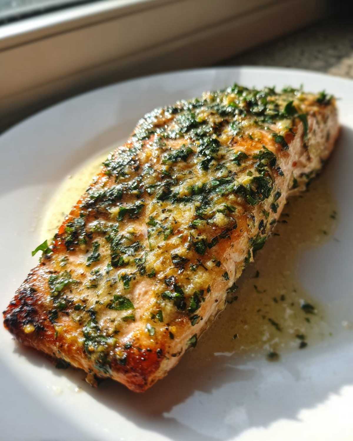 Close-up of a perfectly cooked Keto Garlic Butter Salmon fillet topped with herbs and resting in butter sauce.