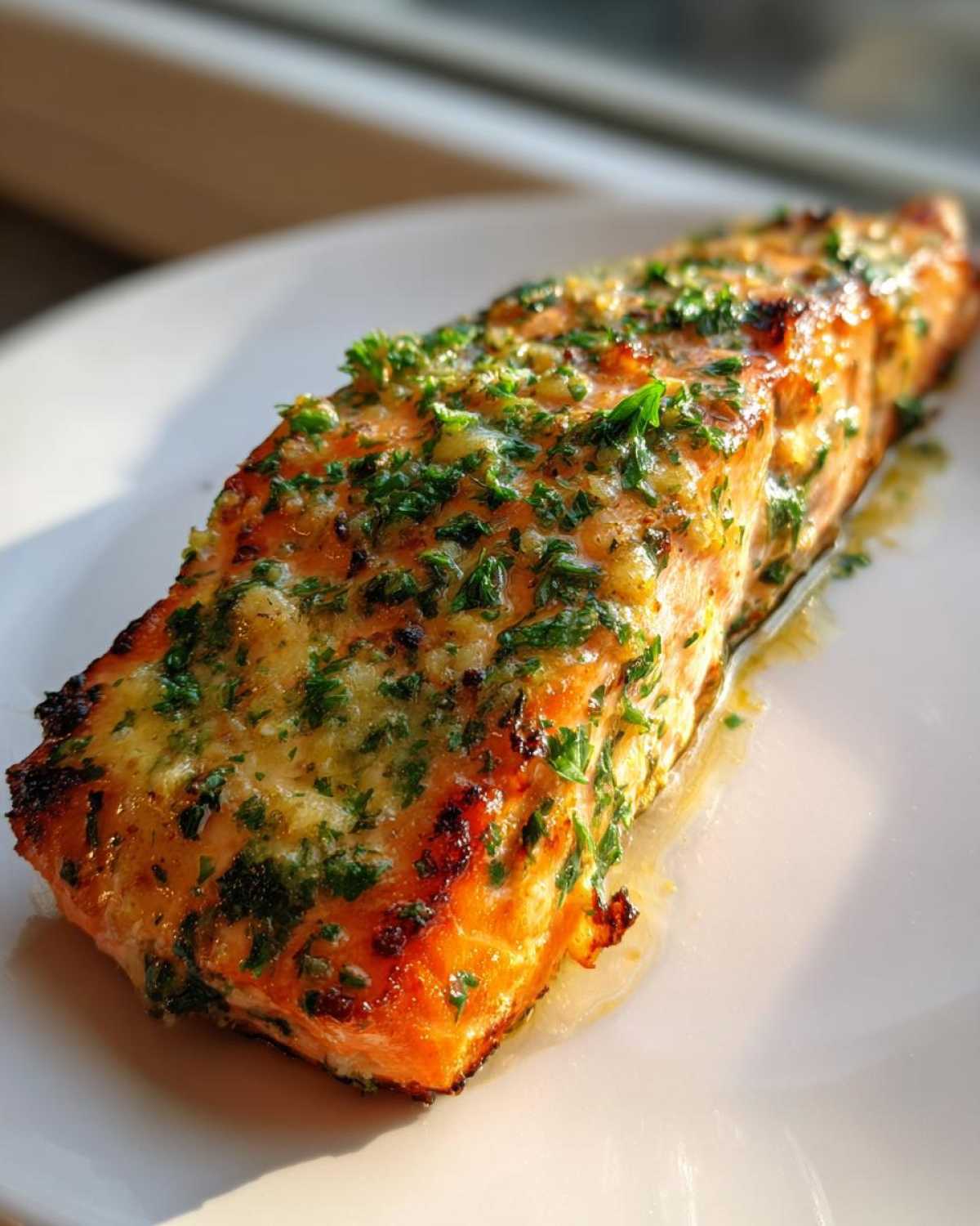 A perfectly cooked fillet of Keto Garlic Butter Salmon glistening with butter and topped generously with fresh green parsley.