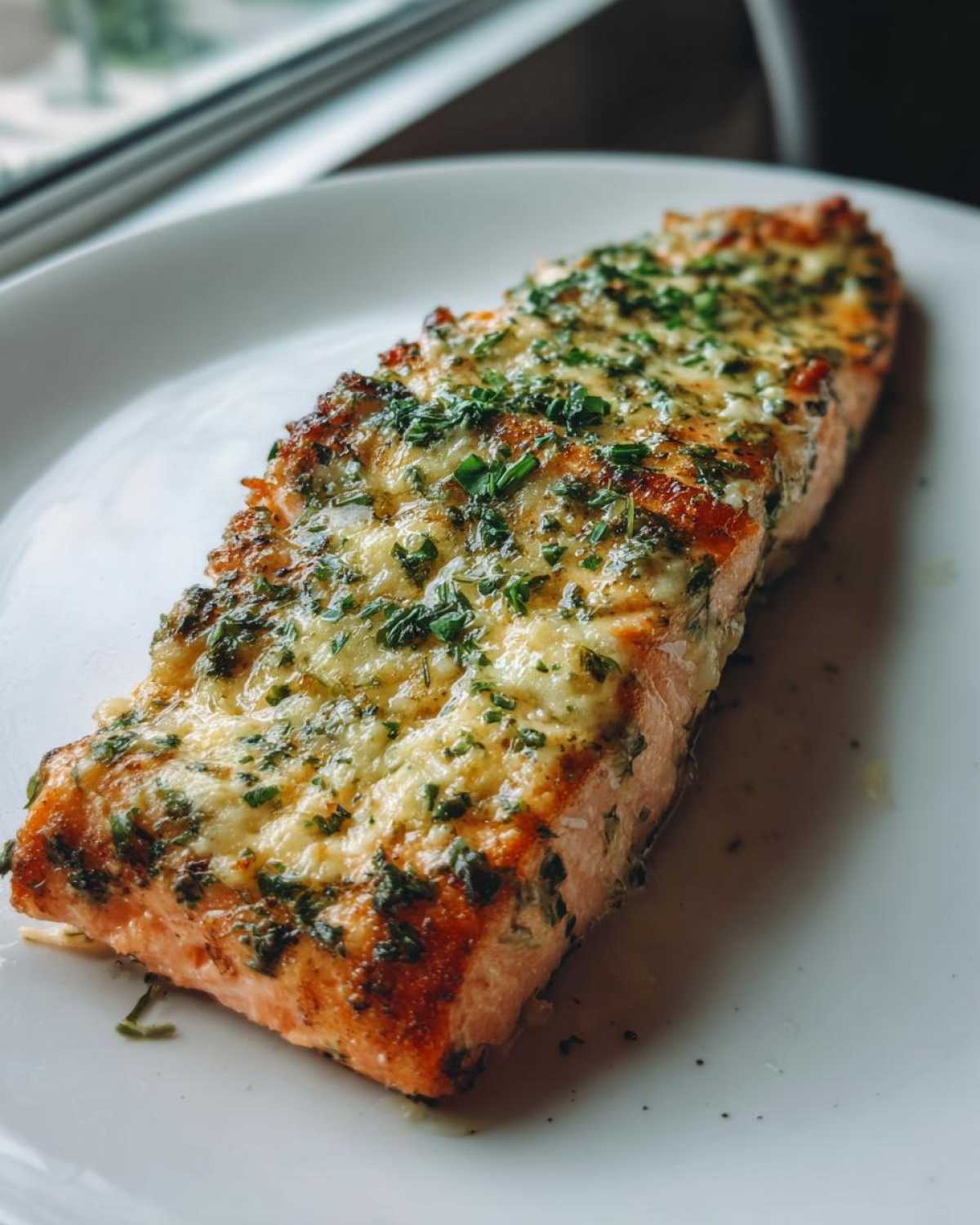 A perfectly cooked fillet of Keto Garlic Butter Salmon topped with melted cheese and fresh herbs on a white plate.