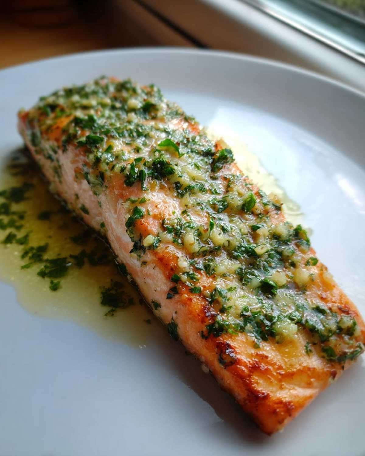 Close-up of a perfectly cooked fillet of Keto Garlic Butter Salmon topped with minced garlic and fresh parsley.