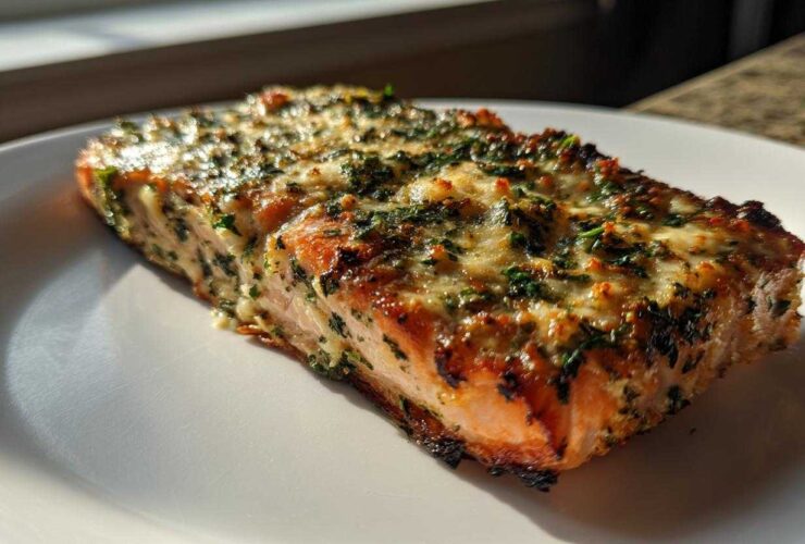 A perfectly cooked fillet of Keto Garlic Butter Salmon topped with melted cheese and herbs, resting on a white plate.