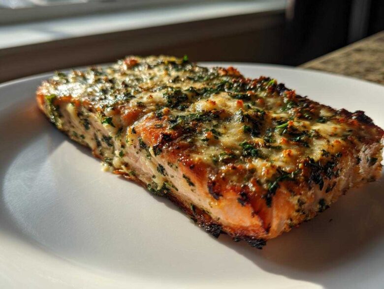 A perfectly cooked fillet of Keto Garlic Butter Salmon topped with melted cheese and herbs, resting on a white plate.