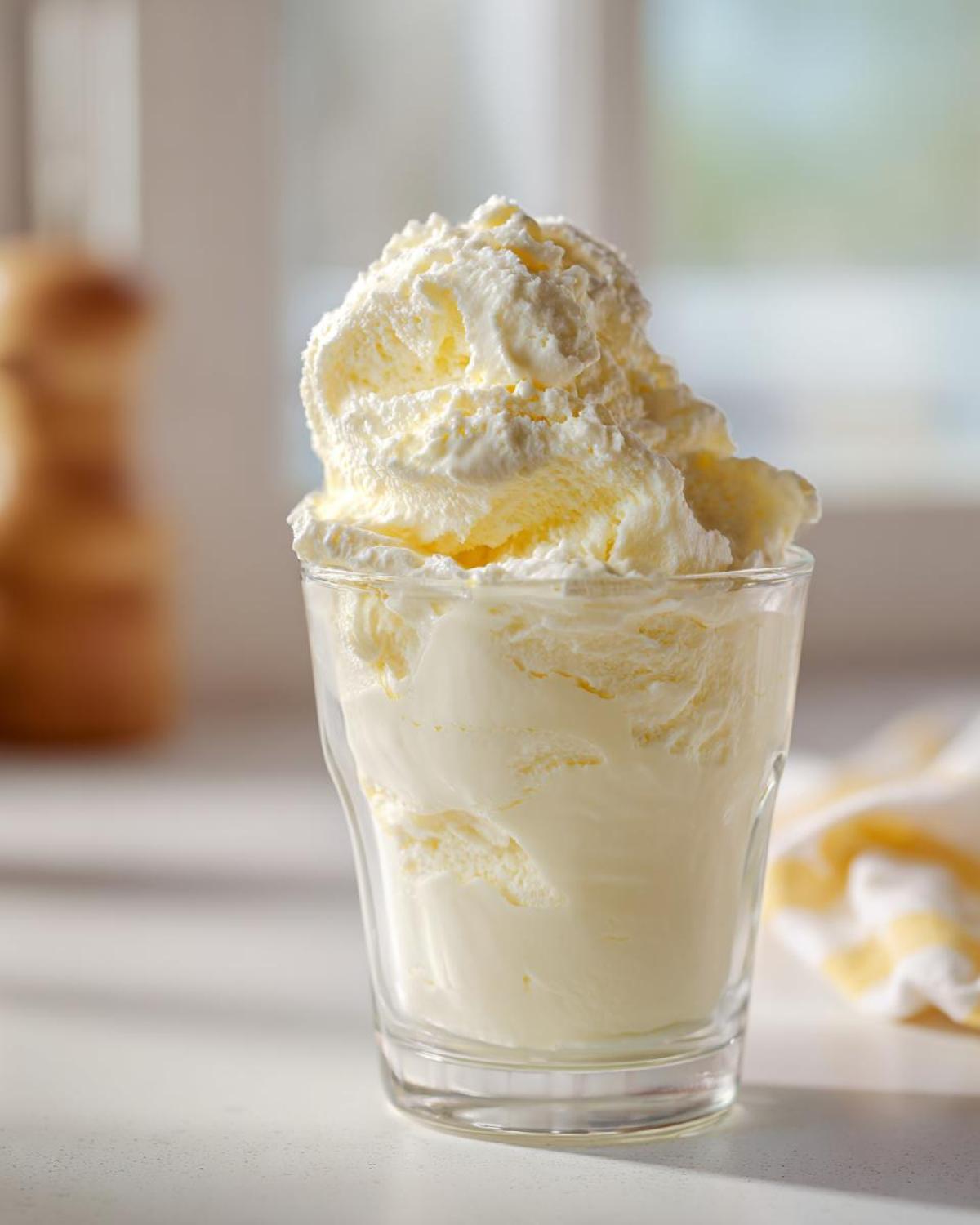 A tall serving of light, fluffy Keto Lemon Cheesecake Mousse piled high in a clear glass.