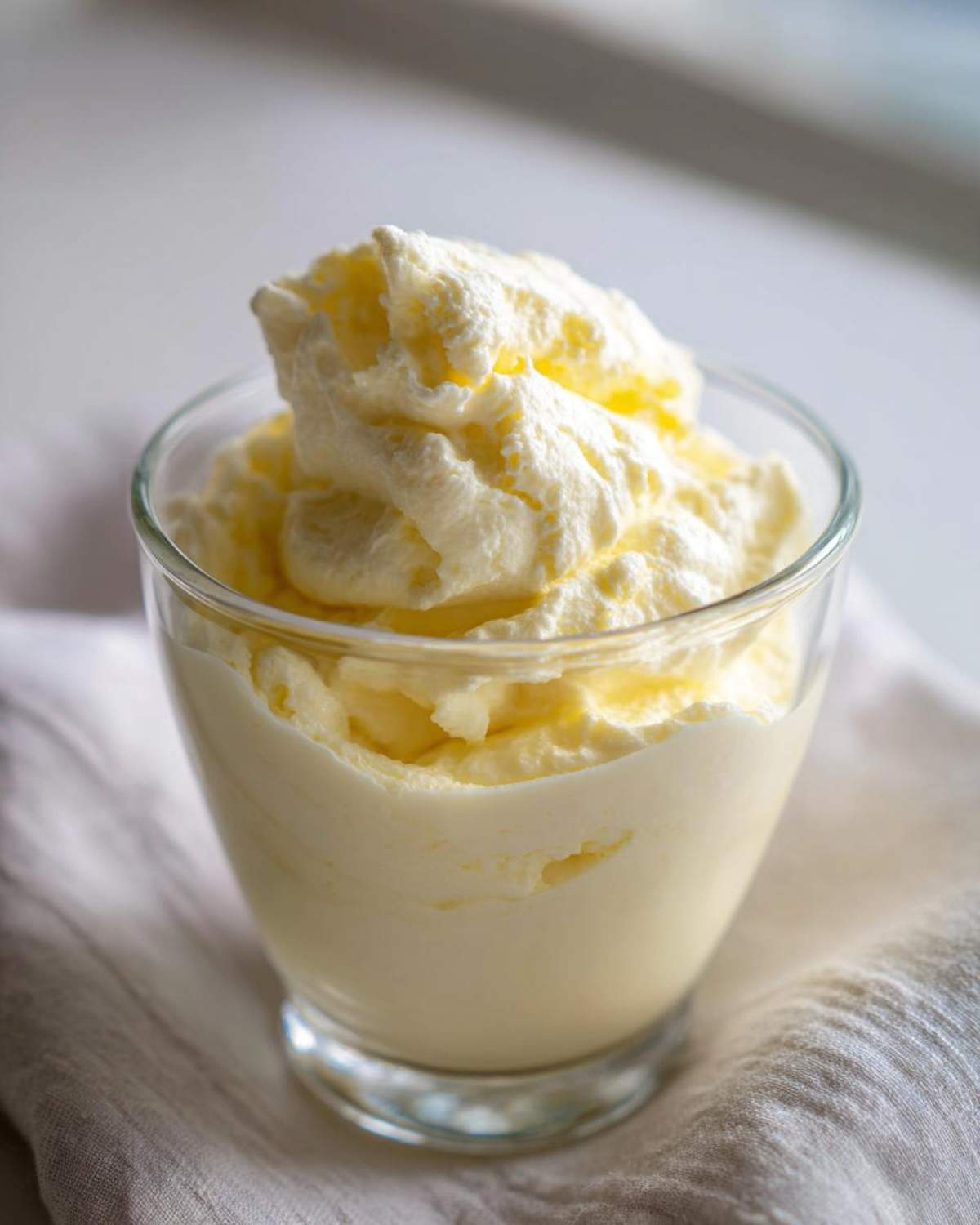 Close-up of a serving of creamy Keto Lemon Cheesecake Mousse topped with whipped cream in a clear glass.