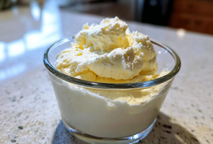 A glass bowl filled with light yellow Keto Lemon Cheesecake Mousse, topped with whipped cream.