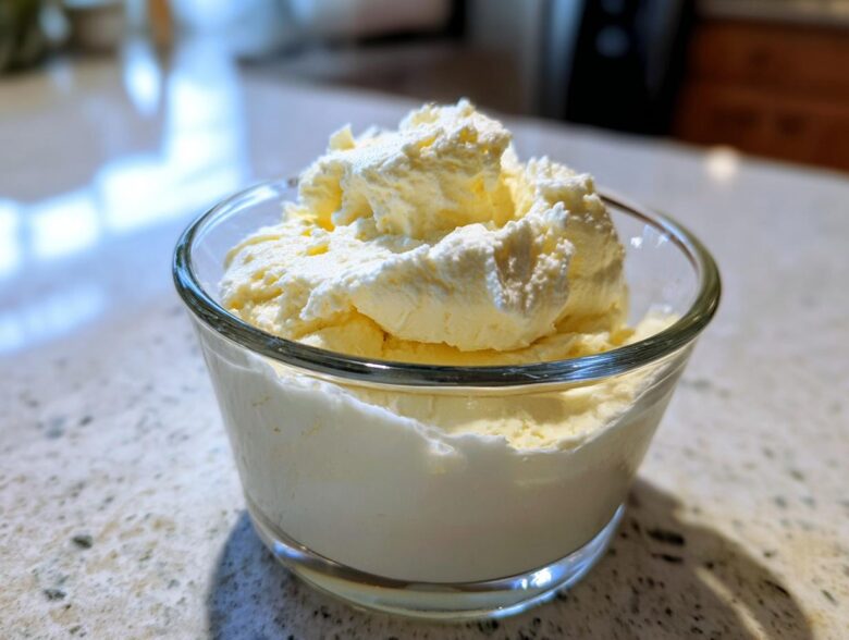 A glass bowl filled with light yellow Keto Lemon Cheesecake Mousse, topped with whipped cream.