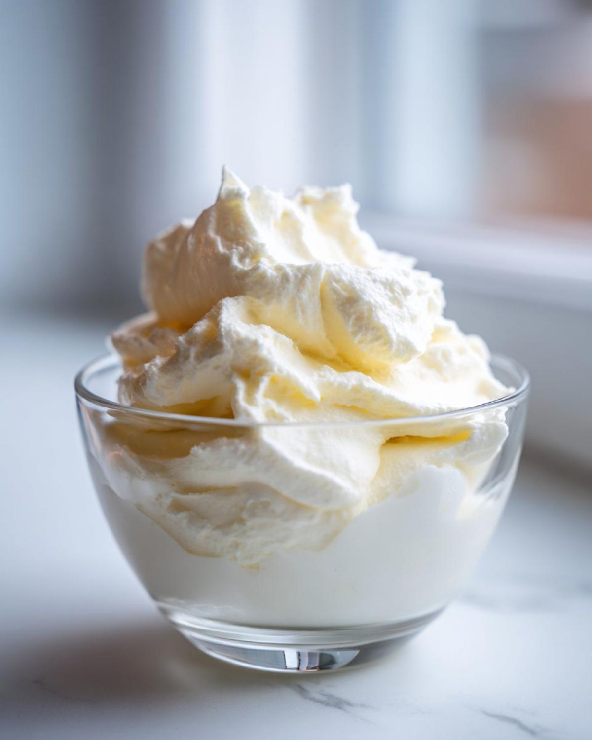 Close-up of fluffy whipped topping, likely cream cheese mixture, for Keto Lemon Cheesecake Mousse in a glass bowl.