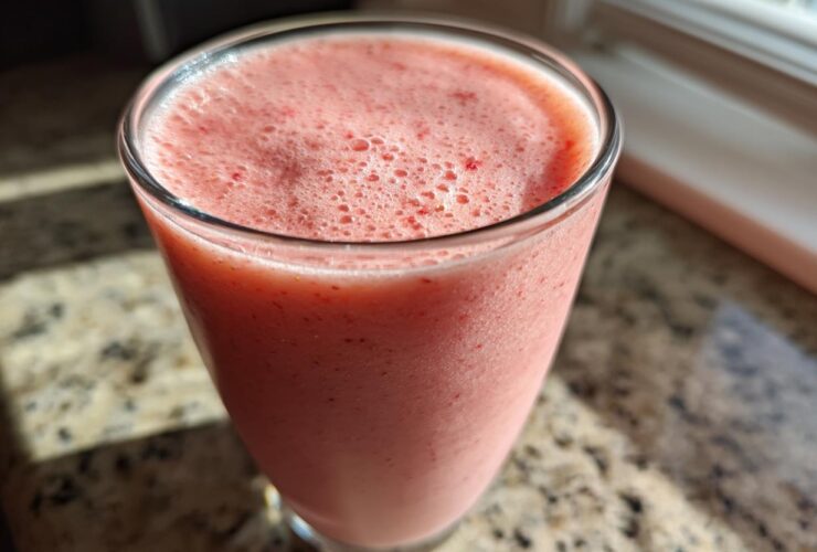 A close-up of a pink, frothy Keto Strawberry Cheesecake Smoothie served in a clear glass on a granite countertop.
