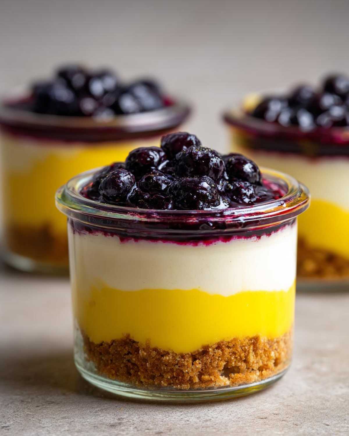 Close-up of a layered Lemon Blueberry Cheesecake Jar featuring a graham cracker crust, lemon filling, cream cheese layer, and blueberry topping.