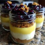 Three individual Lemon Blueberry Cheesecake Jars showing layers of graham cracker crust, cream cheese, lemon curd, and blueberry topping.