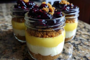Three individual Lemon Blueberry Cheesecake Jars showing layers of graham cracker crust, cream cheese, lemon curd, and blueberry topping.