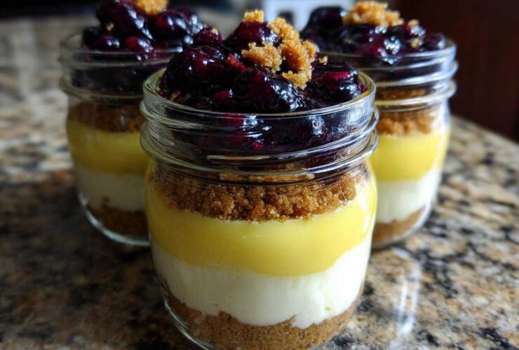 Three individual Lemon Blueberry Cheesecake Jars showing layers of graham cracker crust, cream cheese, lemon curd, and blueberry topping.
