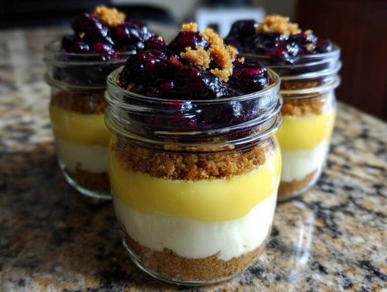 Three individual Lemon Blueberry Cheesecake Jars showing layers of graham cracker crust, cream cheese, lemon curd, and blueberry topping.