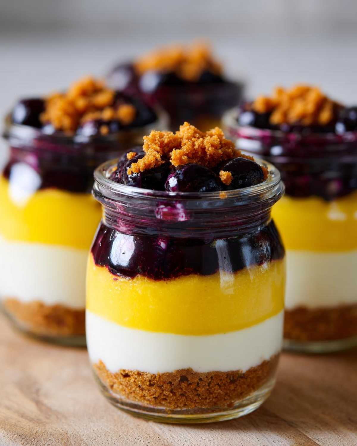 Close-up of a Lemon Blueberry Cheesecake Jar showing graham cracker crust, white cream, lemon layer, and blueberry topping.
