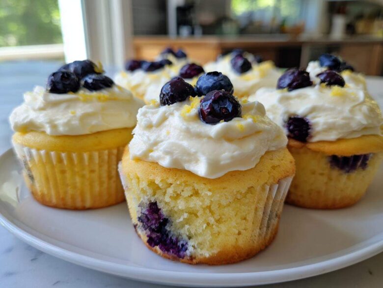 Close-up of several Lemon Blueberry Cupcakes with Cream Cheese Frosting, topped with fresh blueberries and lemon zest.