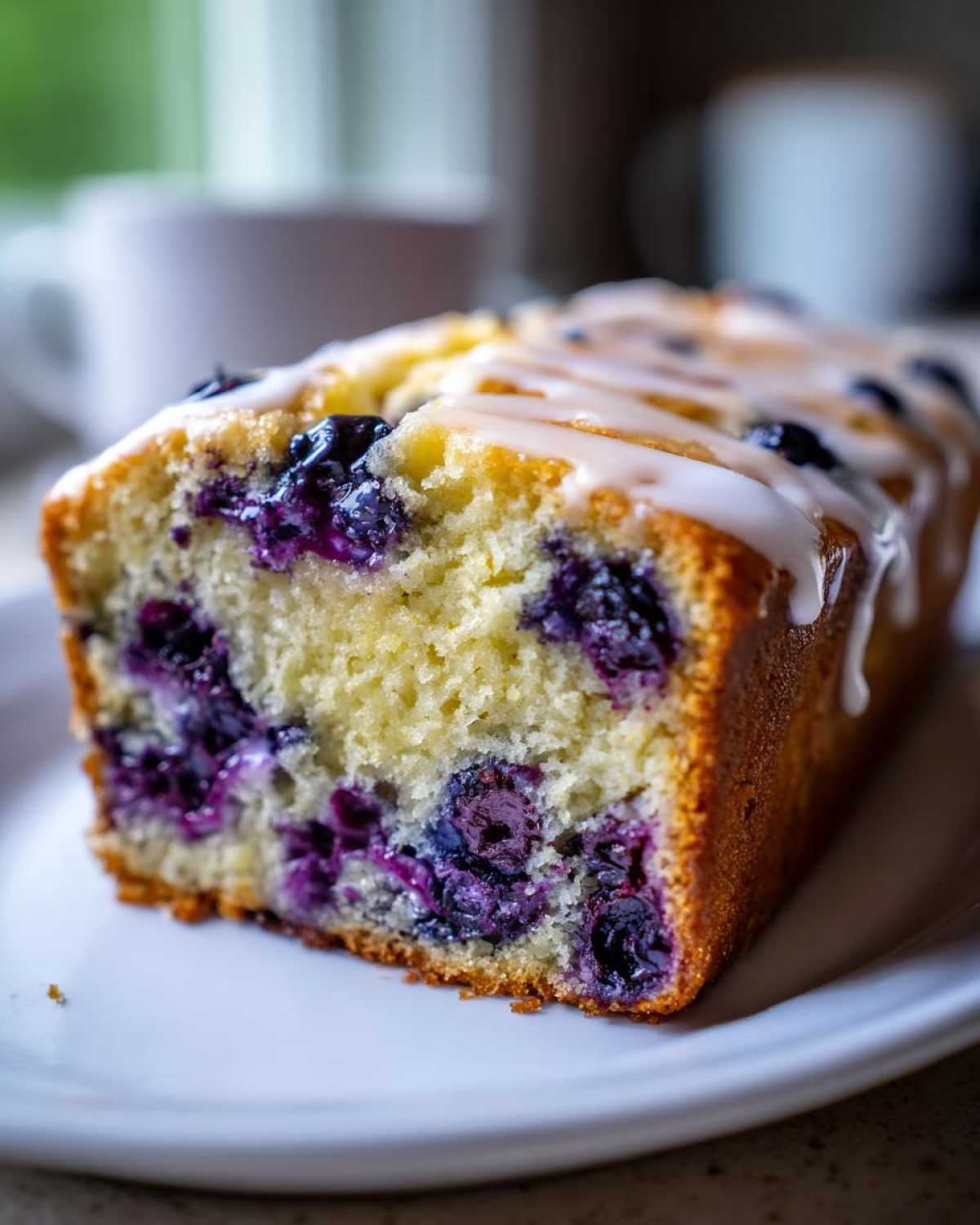 Close-up of a slice of moist Lemon Blueberry Yogurt Loaf topped with a white sugar glaze.