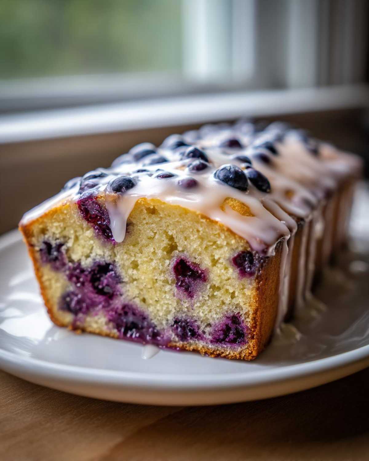 A close-up of a slice of Lemon Blueberry Yogurt Loaf showing moist crumb and fresh blueberries, topped with a white glaze.