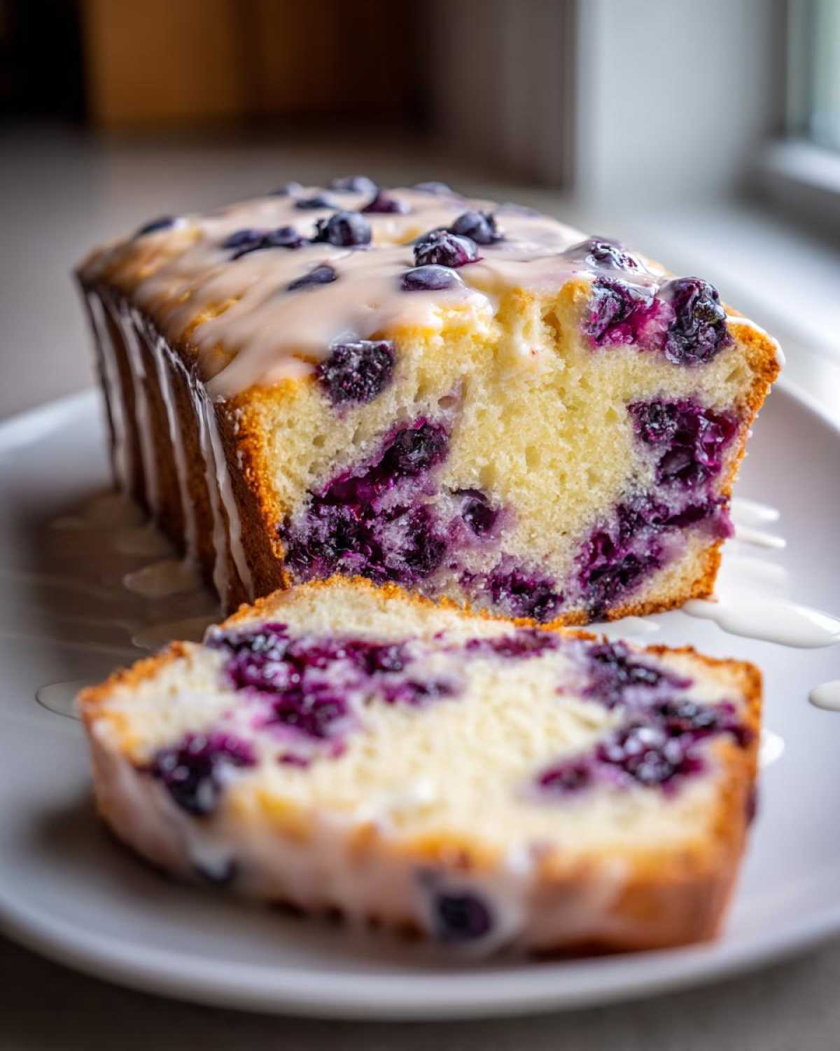 A slice cut from a Lemon Blueberry Yogurt Loaf topped with a sweet white glaze and packed with blueberries.