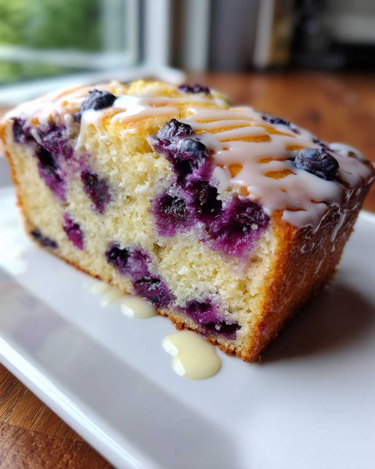 Close-up of a moist slice of Lemon Blueberry Yogurt Loaf, topped with a white glaze and bursting with blueberries.