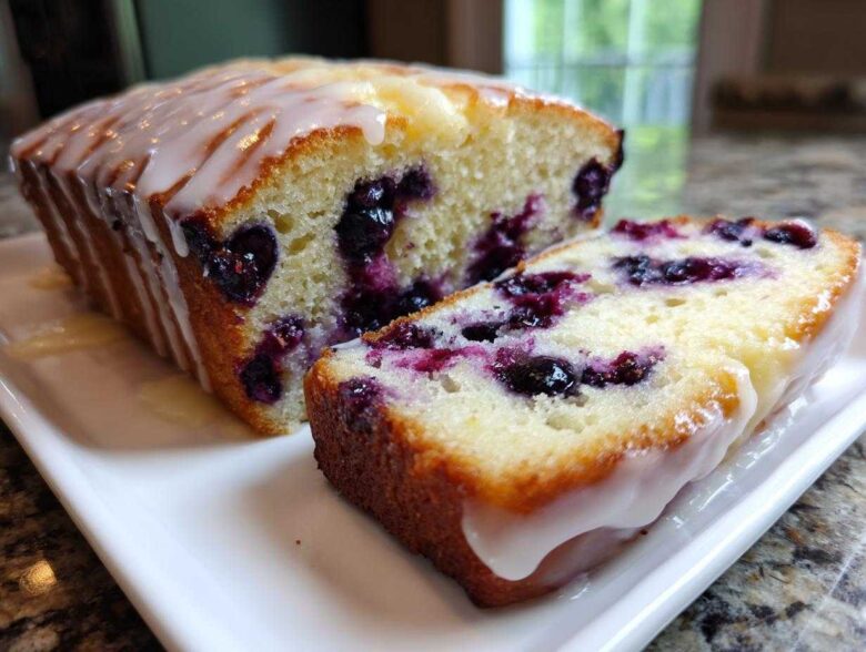Close-up of a moist Lemon Blueberry Yogurt Loaf, sliced to show blueberries and topped with a thick lemon glaze.