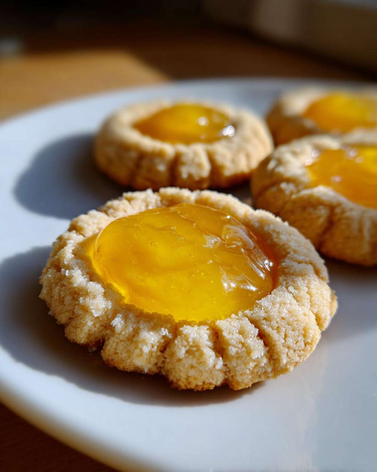 Close-up of a bright, sunny Lemon Curd Thumbprint Cookie with a textured, crinkled edge.