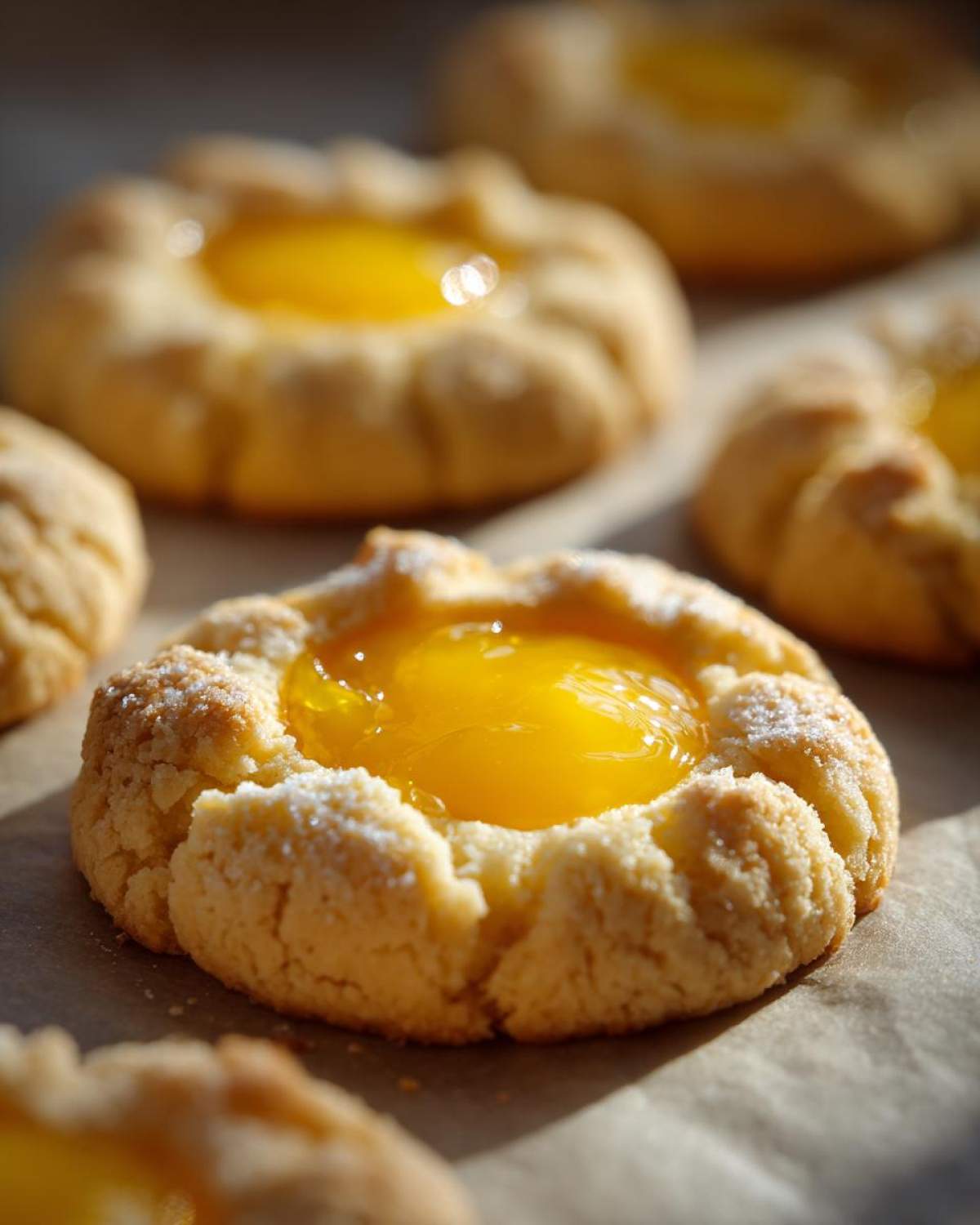 A close-up, sunlit shot of freshly baked Lemon Curd Thumbprint Cookies dusted with powdered sugar.